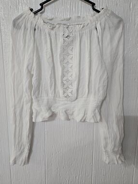 Divided H&M White Patterned Crop Top Long Sleeve Top Size 4 (S)